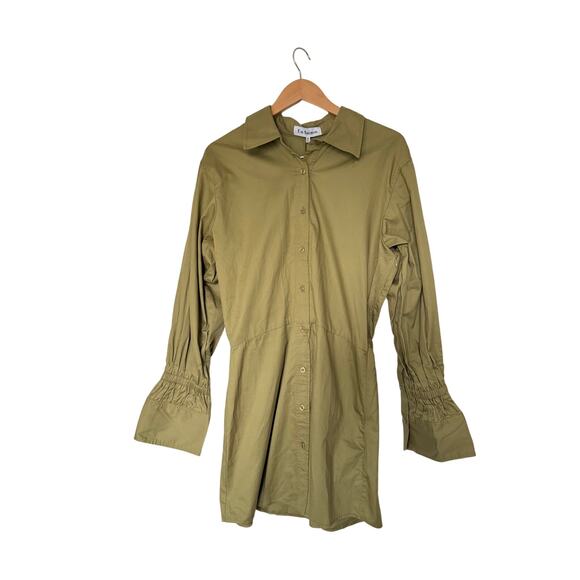 En Saison Olive Mini Shirtdress Button Front Size Medium Long Sleeve Collared - Picture 2 of 7